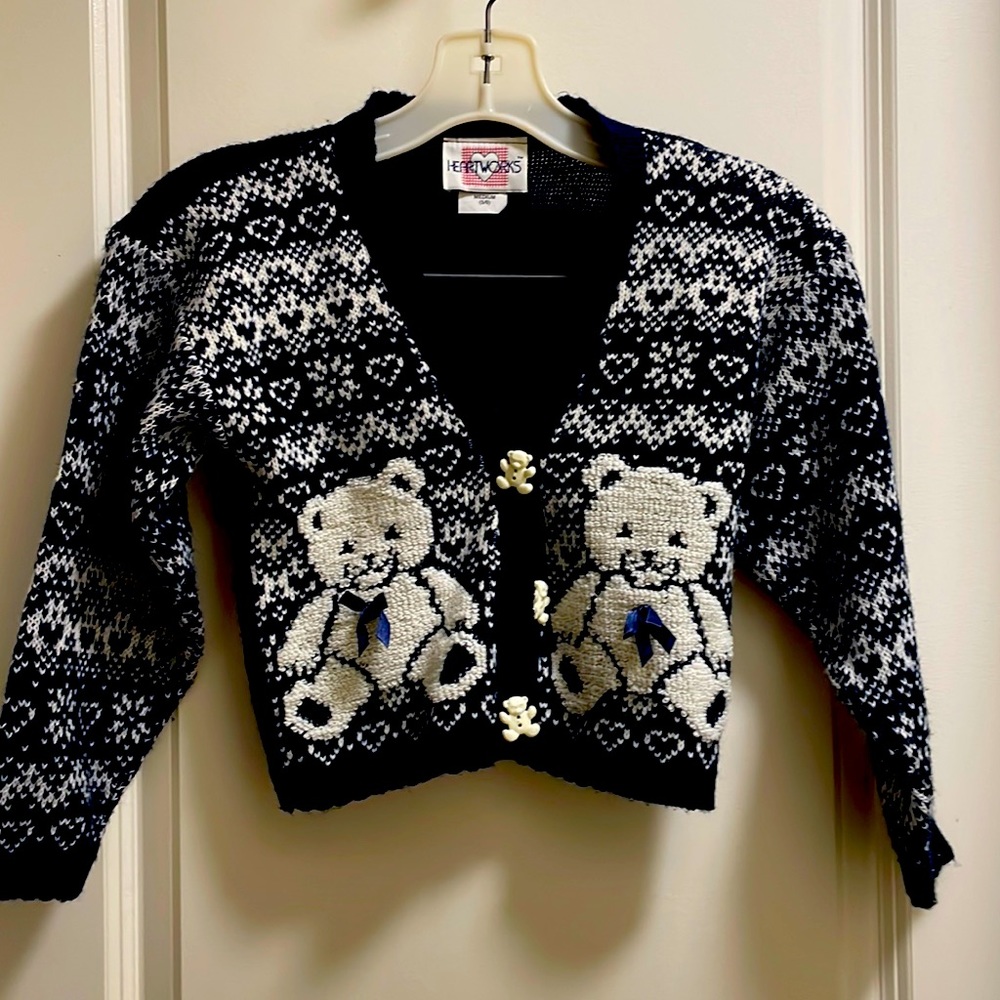 Vintage girls Heartworks teddy bear cardigan with adorable teddy bear buttons